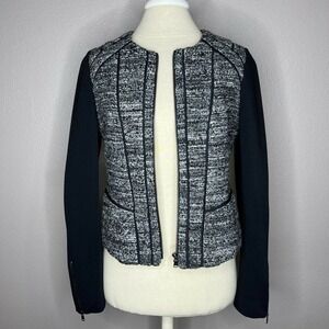 Ann Taylor Black & White Boucle Tweed Wool Blend Ponte Full Zip Moto Jacket